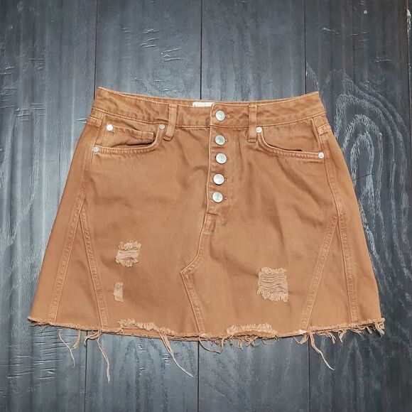 Free People Dresses & Skirts - We The Free People Mini Skirt Womens 28 Brown Rust Distressed Button Fly Skirt